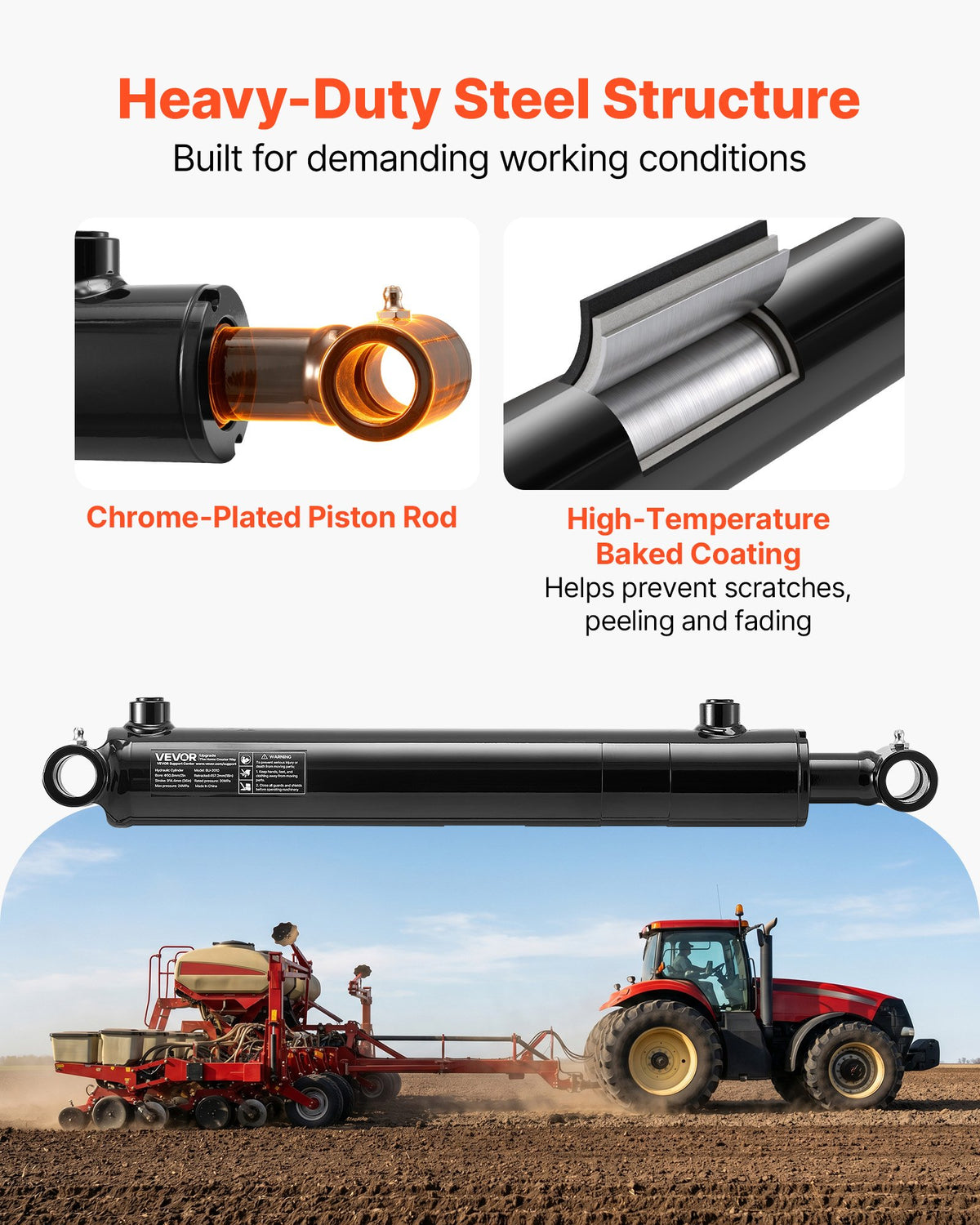 VEVOR Double Acting Hydraulic Cylinder, 2" Bore x 12" Stroke, Max 3500PSI Hydraulic Cylinder, Heavy-Duty Welded Cross Tube Cylinders with 1" Pin Hole & SAE #6 Port for Agricultural Machinery, Tractors - CGSZYYYG2INCY7GAR001V0 - view 6