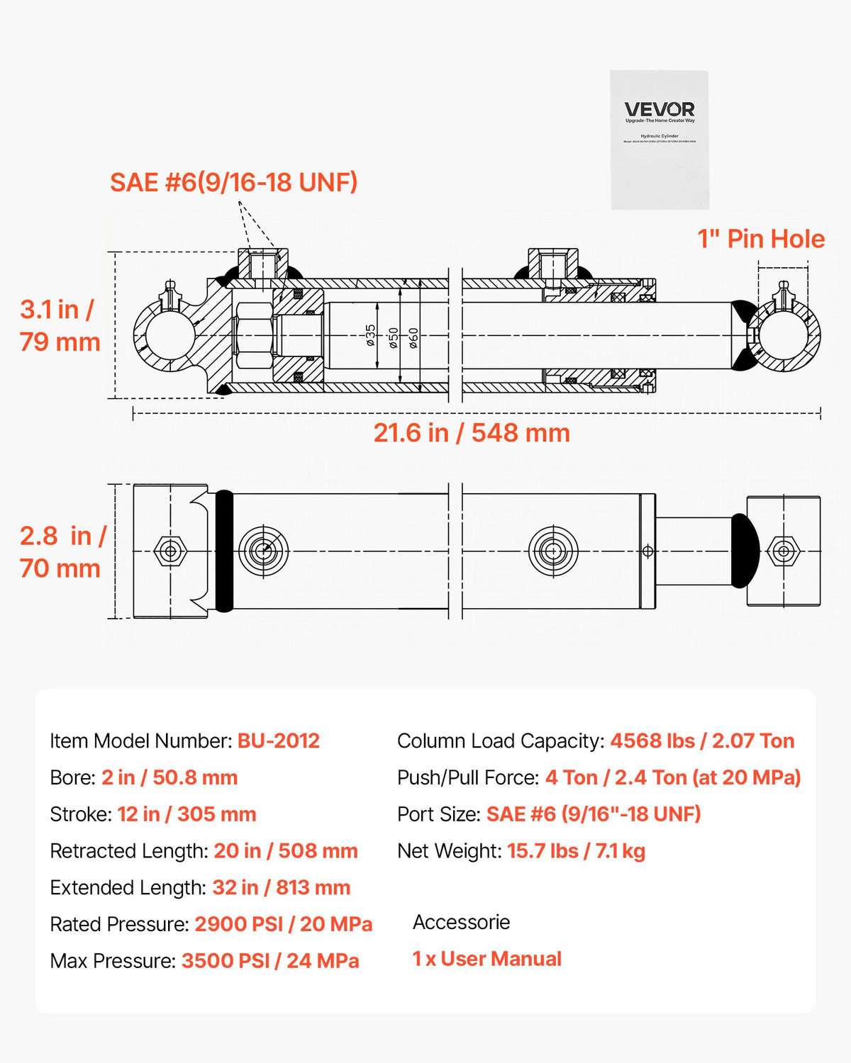 VEVOR Double Acting Hydraulic Cylinder, 2" Bore x 12" Stroke, Max 3500PSI Hydraulic Cylinder, Heavy-Duty Welded Cross Tube Cylinders with 1" Pin Hole & SAE #6 Port for Agricultural Machinery, Tractors - CGSZYYYG2INCY7GAR001V0 - view 8