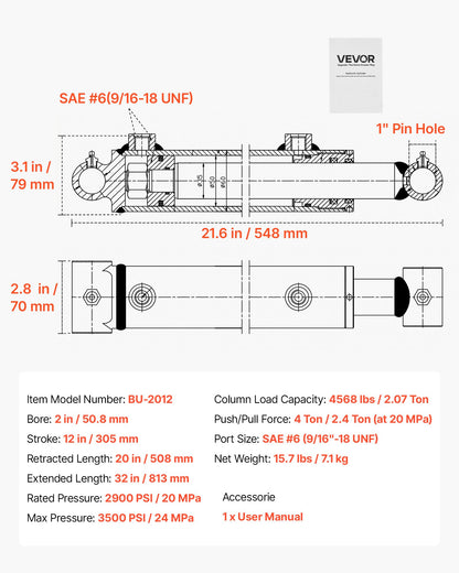 VEVOR Double Acting Hydraulic Cylinder, 2" Bore x 12" Stroke, Max 3500PSI Hydraulic Cylinder, Heavy-Duty Welded Cross Tube Cylinders with 1" Pin Hole & SAE #6 Port for Agricultural Machinery, Tractors - CGSZYYYG2INCY7GAR001V0 - view 8