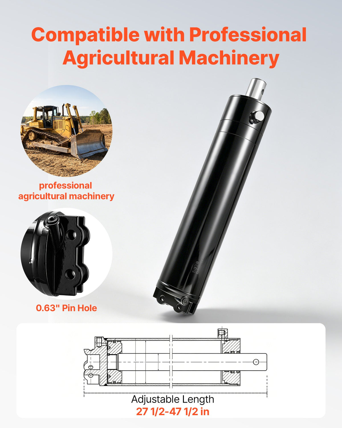 VEVOR Double Acting Hydraulic Cylinder, 5" Bore x 20" Stroke, Max 4500PSI Hydraulic Cylinder, Heavy-Duty Welded Cross Tube Cylinders with 0.63" Pin Hole & SAE #6 Port for Agricultural Machinery - CGSZYYYG5INCYN83Z001V0 - view 3