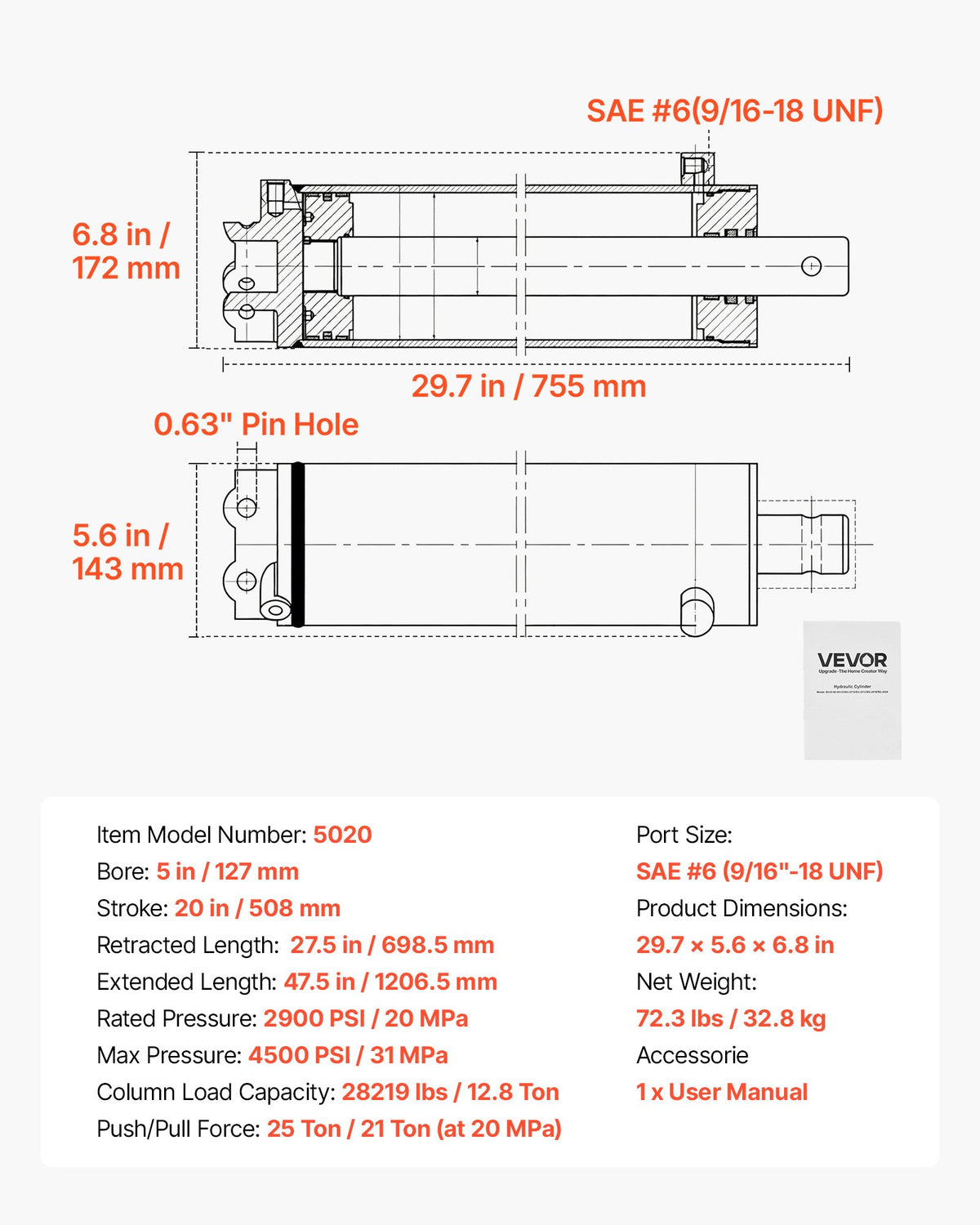 VEVOR Double Acting Hydraulic Cylinder, 5" Bore x 20" Stroke, Max 4500PSI Hydraulic Cylinder, Heavy-Duty Welded Cross Tube Cylinders with 0.63" Pin Hole & SAE #6 Port for Agricultural Machinery - CGSZYYYG5INCYN83Z001V0 - view 8
