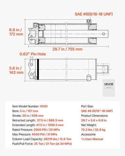 VEVOR Double Acting Hydraulic Cylinder, 5" Bore x 20" Stroke, Max 4500PSI Hydraulic Cylinder, Heavy-Duty Welded Cross Tube Cylinders with 0.63" Pin Hole & SAE #6 Port for Agricultural Machinery - CGSZYYYG5INCYN83Z001V0 - view 8