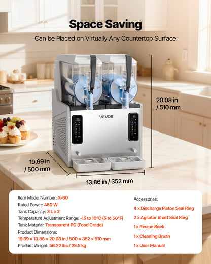 VEVOR Slushie Machine, 3L/100oz x 2 Tank Slushy Machine for Home, No Ice Needed Frozen Drink Maker, Margarita Maker with Self-Cleaning, for Frozen Margaritas, Frappés, Milkshake & More - CGXXRJ25X23LBBJ9F001V1 - view 8