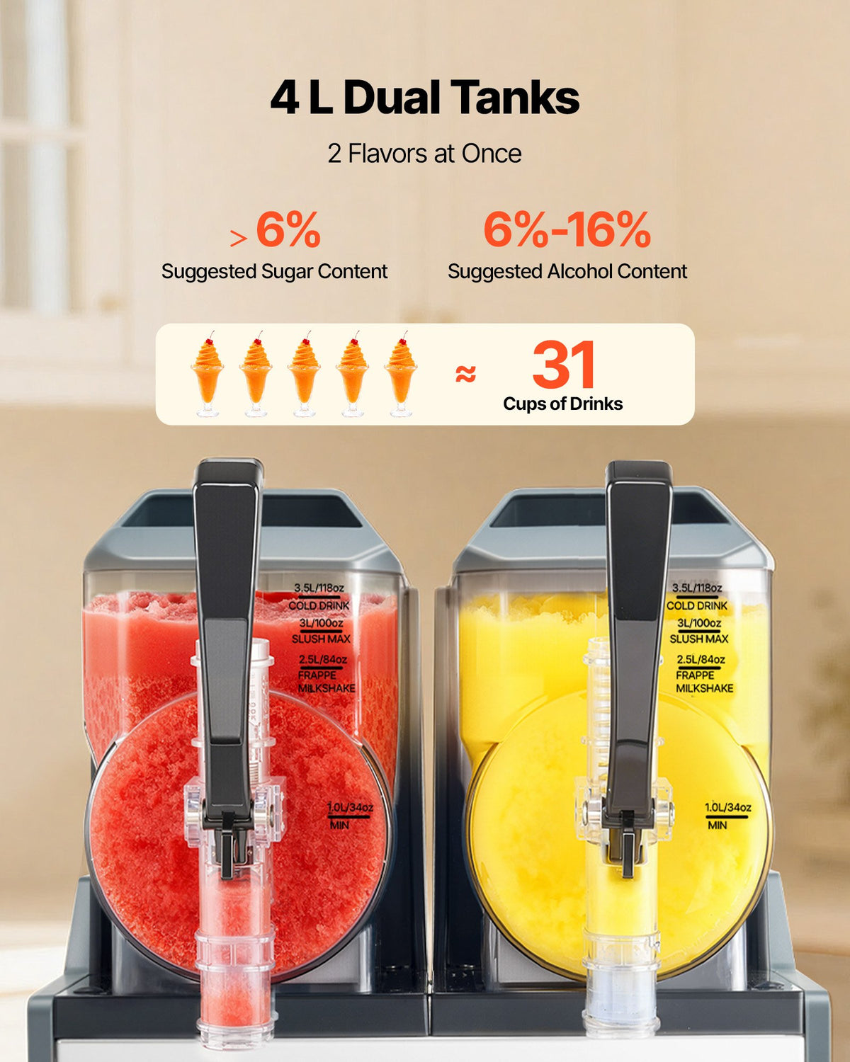 VEVOR Slushie Machine, 4L/135oz x 2 Tank Slushy Machine for Home, No Ice Needed Frozen Drink Maker, Margarita Maker with Self-Cleaning, for Frozen Margaritas, Frappés, Milkshake & More - CGXXRJ25X24LT0XJF001V1 - view 5