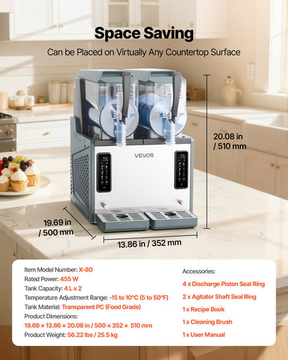 VEVOR Slushie Machine, 4L/135oz x 2 Tank Slushy Machine for Home, No Ice Needed Frozen Drink Maker, Margarita Maker with Self-Cleaning, for Frozen Margaritas, Frappés, Milkshake & More - CGXXRJ25X24LT0XJF001V1 - view 8