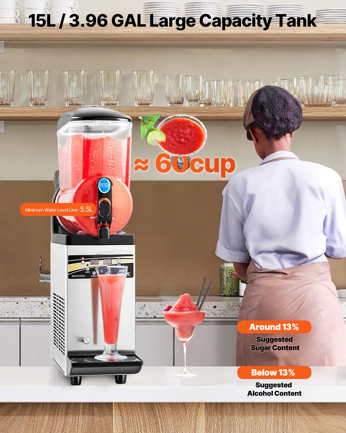 VEVOR Commercial Frozen Drink Maker, 15L Single Tank Slushy Machine, 60 Cups Stainless Steel Margarita Smoothie Frozen Drink Machine, Slushie Maker for Home Party Restaurants Cafe Bars - CGXXRJX115LDWAYUYV1 - view 3