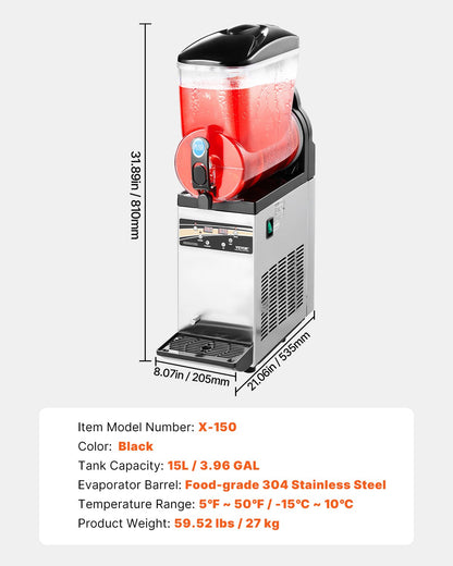 VEVOR Commercial Frozen Drink Maker, 15L Single Tank Slushy Machine, 60 Cups Stainless Steel Margarita Smoothie Frozen Drink Machine, Slushie Maker for Home Party Restaurants Cafe Bars - CGXXRJX115LDWAYUYV1 - view 8