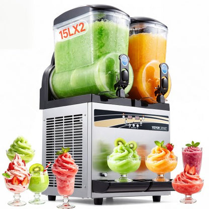 VEVOR Commercial Frozen Drink Maker, 15Lx2 Double Tank Slushy Machine, 120 Cups Stainless Steel Margarita Smoothie Frozen Drink Machine, Slushie Maker for Home Party Restaurants Cafe Bars - CGXXRJX215LSN1G19V1 - view 2