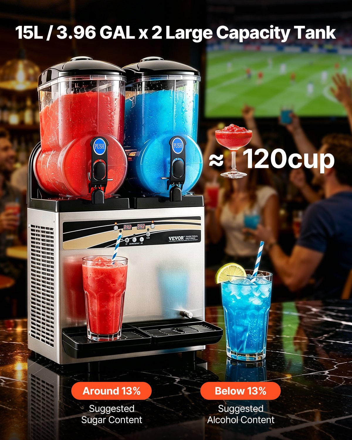 VEVOR Commercial Frozen Drink Maker, 15Lx2 Double Tank Slushy Machine, 120 Cups Stainless Steel Margarita Smoothie Frozen Drink Machine, Slushie Maker for Home Party Restaurants Cafe Bars - CGXXRJX215LSN1G19V1 - view 3