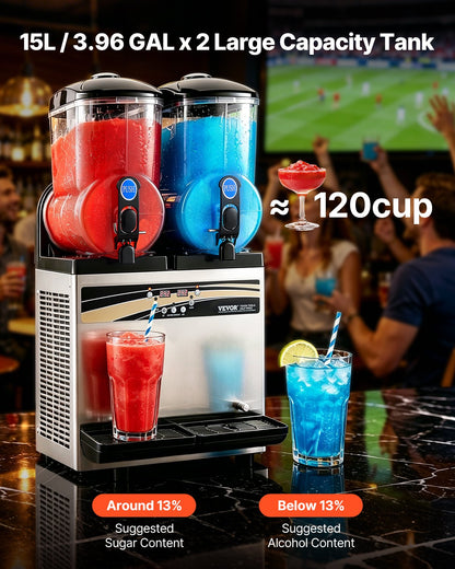 VEVOR Commercial Frozen Drink Maker, 15Lx2 Double Tank Slushy Machine, 120 Cups Stainless Steel Margarita Smoothie Frozen Drink Machine, Slushie Maker for Home Party Restaurants Cafe Bars - CGXXRJX215LSN1G19V1 - view 3