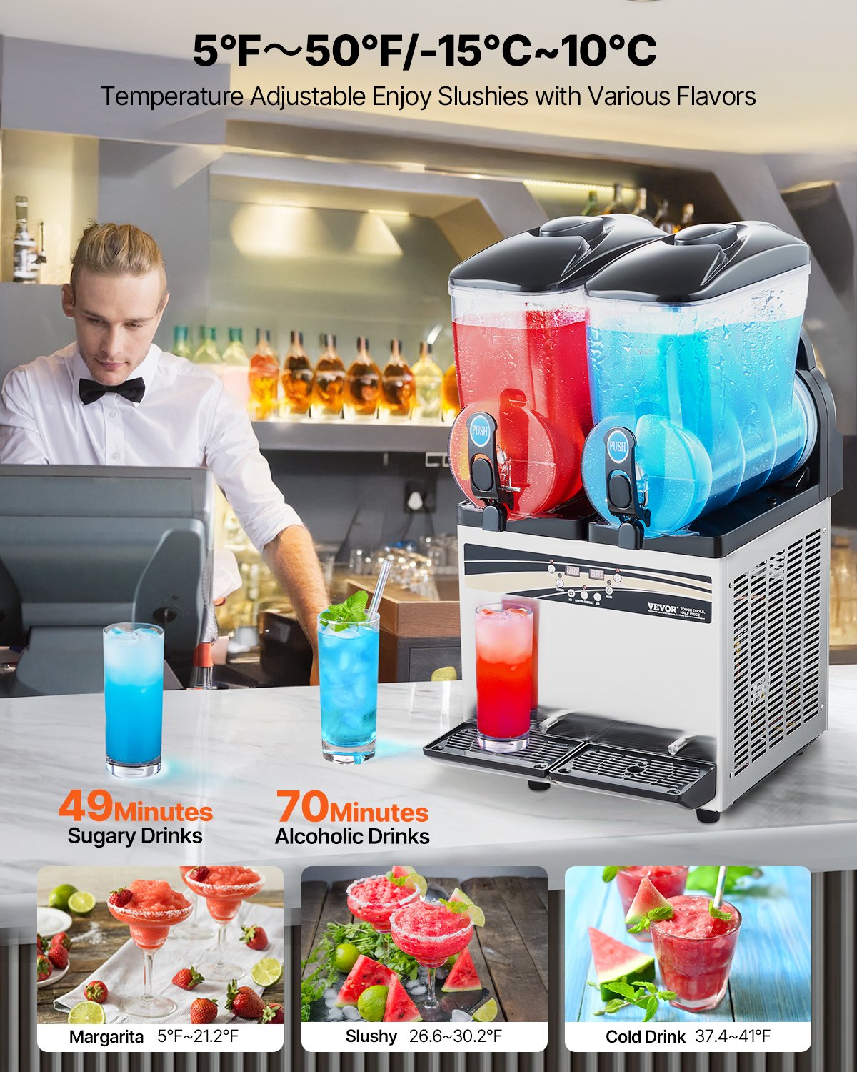 VEVOR Commercial Frozen Drink Maker, 15Lx2 Double Tank Slushy Machine, 120 Cups Stainless Steel Margarita Smoothie Frozen Drink Machine, Slushie Maker for Home Party Restaurants Cafe Bars - CGXXRJX215LSN1G19V1 - view 4