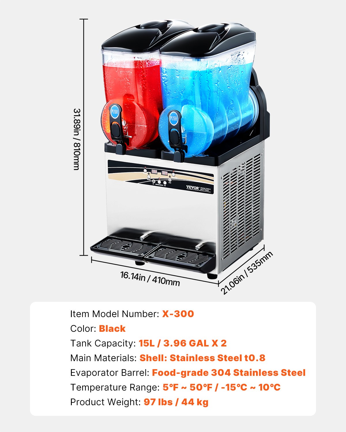 VEVOR Commercial Frozen Drink Maker, 15Lx2 Double Tank Slushy Machine, 120 Cups Stainless Steel Margarita Smoothie Frozen Drink Machine, Slushie Maker for Home Party Restaurants Cafe Bars - CGXXRJX215LSN1G19V1 - view 8