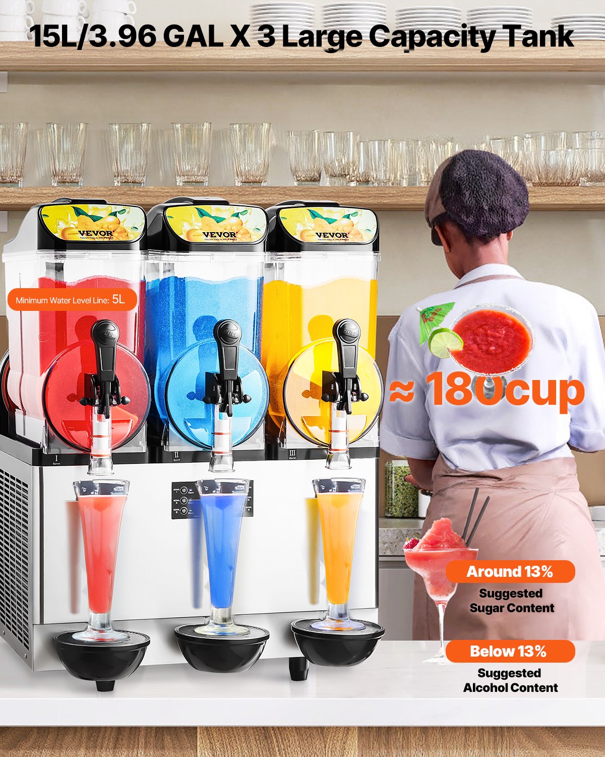 VEVOR Commercial Frozen Drink Maker, 15Lx3 Triple Tank Slushy Machine, 180 Cups Stainless Steel Margarita Smoothie Frozen Drink Machine, Slushie Maker for Home Party Restaurants Cafe Bars - CGXXRJX315LS56A98V1 - view 3