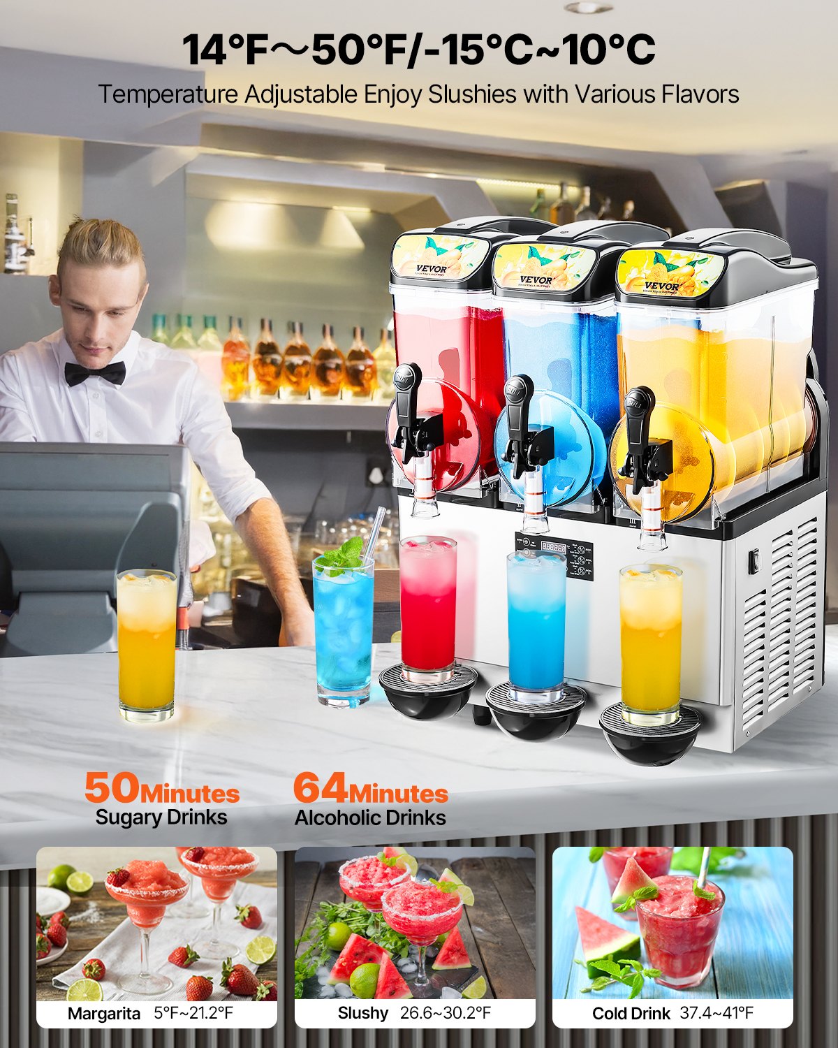 VEVOR Commercial Frozen Drink Maker, 15Lx3 Triple Tank Slushy Machine, 180 Cups Stainless Steel Margarita Smoothie Frozen Drink Machine, Slushie Maker for Home Party Restaurants Cafe Bars - CGXXRJX315LS56A98V1 - view 4