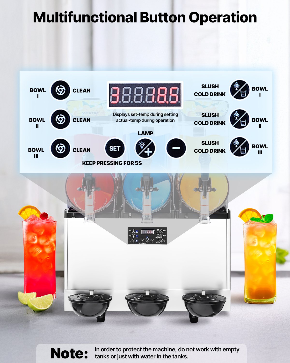 VEVOR Commercial Frozen Drink Maker, 15Lx3 Triple Tank Slushy Machine, 180 Cups Stainless Steel Margarita Smoothie Frozen Drink Machine, Slushie Maker for Home Party Restaurants Cafe Bars - CGXXRJX315LS56A98V1 - view 5