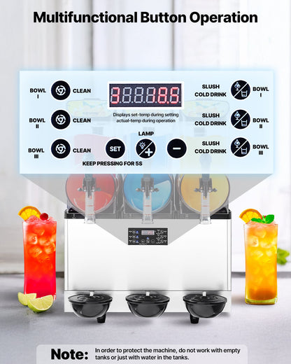 VEVOR Commercial Frozen Drink Maker, 15Lx3 Triple Tank Slushy Machine, 180 Cups Stainless Steel Margarita Smoothie Frozen Drink Machine, Slushie Maker for Home Party Restaurants Cafe Bars - CGXXRJX315LS56A98V1 - view 5