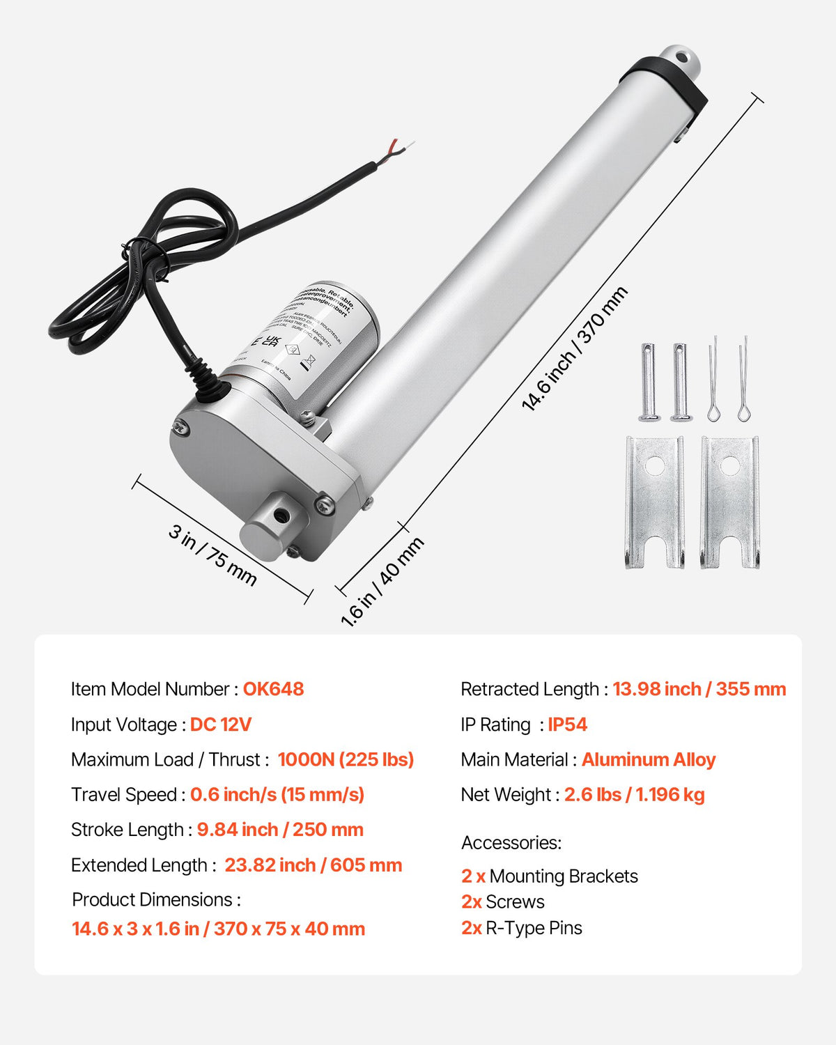 VEVOR 12V Linear Actuator, 9.84 Inch High Speed 0.6"/s Linear Motion Actuator, 225lbs/1000N with IP54 Protection & Mounting Bracket for Lift Desk, Recliner Chairs, Window Door Opener - CGXXZXQ10INCDJ3L0001V9 - view 8