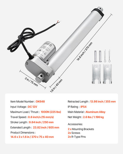 VEVOR 12V Linear Actuator, 9.84 Inch High Speed 0.6"/s Linear Motion Actuator, 225lbs/1000N with IP54 Protection & Mounting Bracket for Lift Desk, Recliner Chairs, Window Door Opener - CGXXZXQ10INCDJ3L0001V9 - view 8