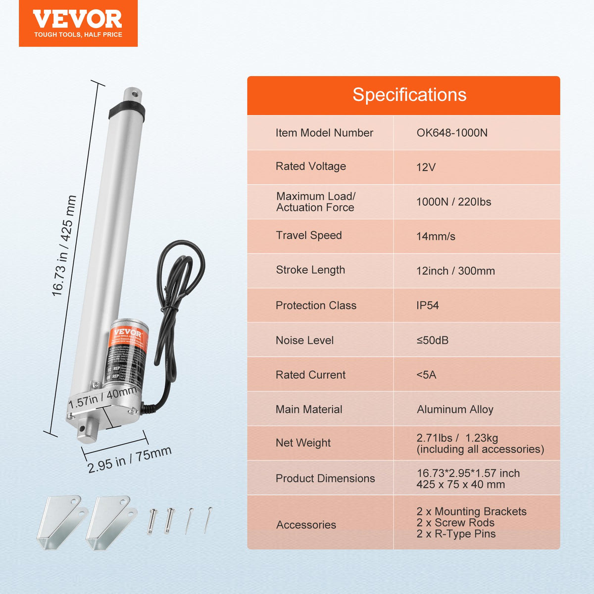 VEVOR Linear Actuator 12V, 12 Inch High Speed 0.55"/s Linear Actuator, 220lbs/1000N Linear Motion Actuator with Mounting Bracket and IP54 Protection - CGXXZXQ12INC9PILMV9 - view 8