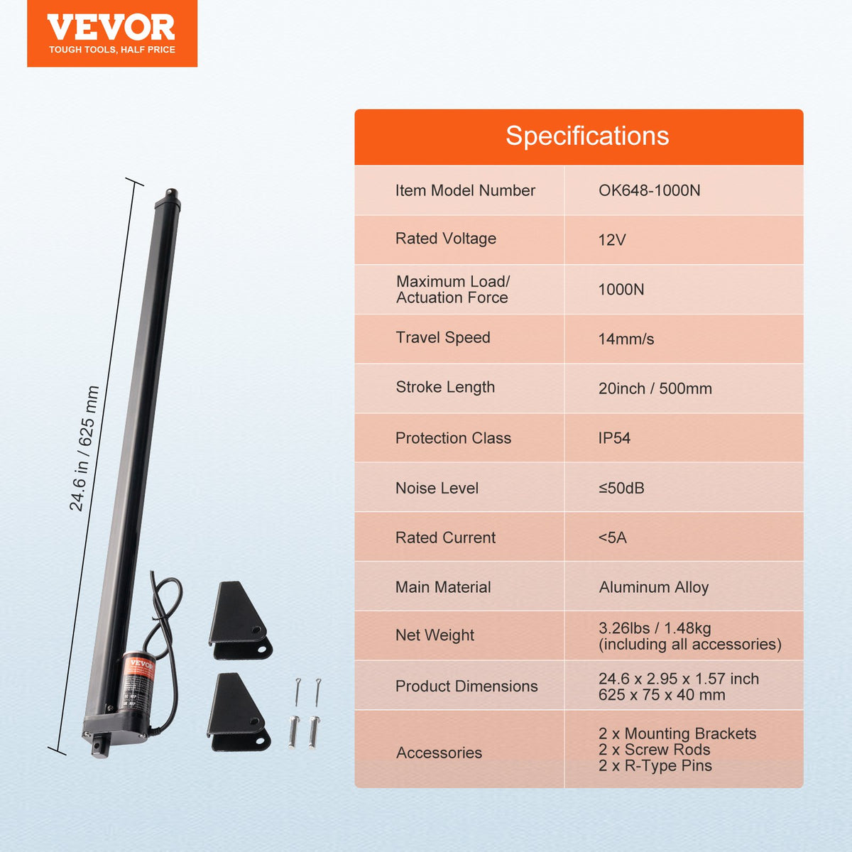 VEVOR Linear Actuator 12V, 20 Inch High Speed 0.55"/s Linear Actuator, 220lbs/1000N Linear Motion Actuator with Mounting Bracket and IP54 Protection - CGXXZXQ20INCR452NV9 - view 8