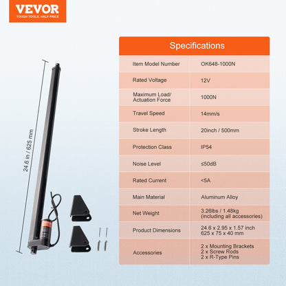 VEVOR Linear Actuator 12V, 20 Inch High Speed 0.55"/s Linear Actuator, 220lbs/1000N Linear Motion Actuator with Mounting Bracket and IP54 Protection - CGXXZXQ20INCR452NV9 - view 8