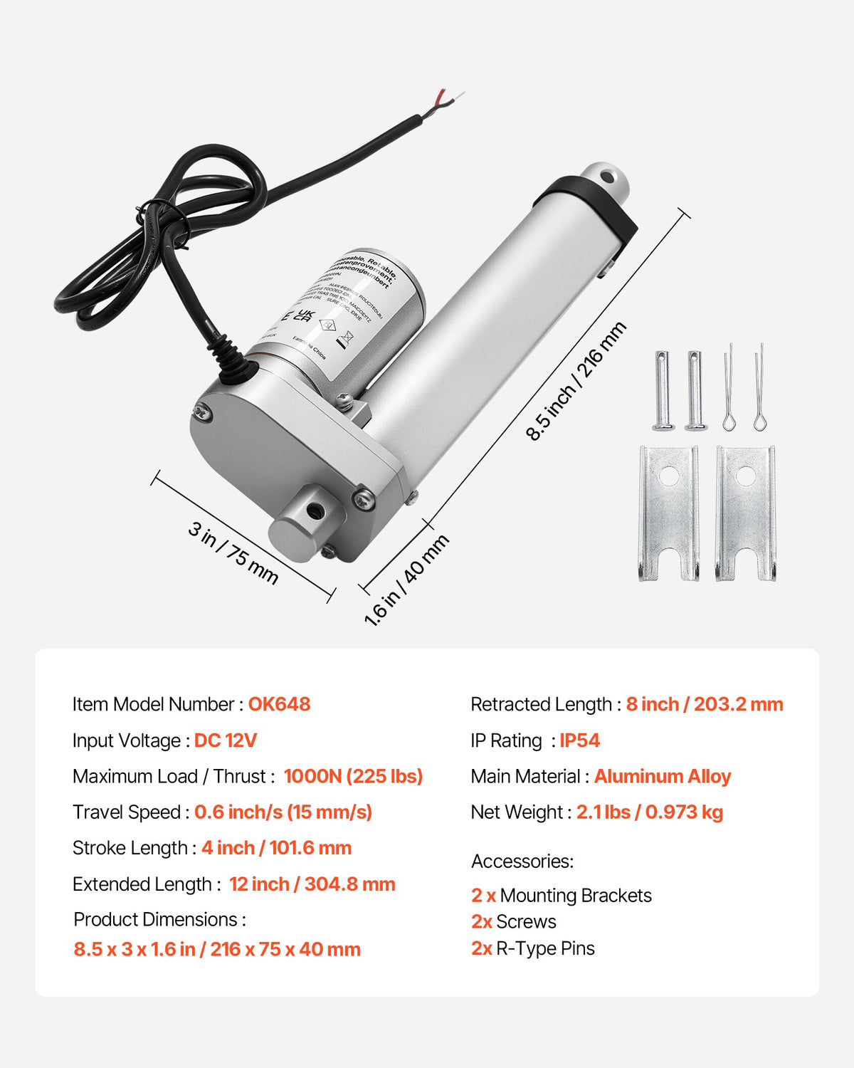 VEVOR 12V Linear Actuator, 4 Inch High Speed 0.6"/s Linear Motion Actuator, 225lbs/1000N with IP54 Protection & Mounting Bracket for Lift Desk, Recliner Chairs, Window Door Opener - CGXXZXQ4INCHGND8J001V9 - view 8