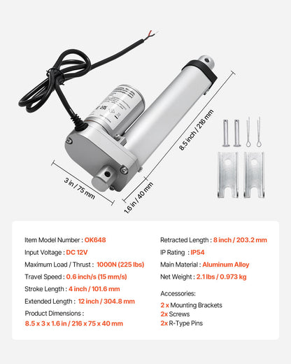 VEVOR 12V Linear Actuator, 4 Inch High Speed 0.6"/s Linear Motion Actuator, 225lbs/1000N with IP54 Protection & Mounting Bracket for Lift Desk, Recliner Chairs, Window Door Opener - CGXXZXQ4INCHGND8J001V9 - view 8