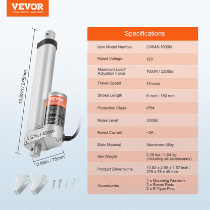 VEVOR Linear Actuator 12V, 6 Inch High Speed 0.55"/s Linear Actuator, 220lbs/1000N Linear Motion Actuator with Mounting Bracket and IP54 Protection - CGXXZXQ6INCHMYUQYV9 - view 8