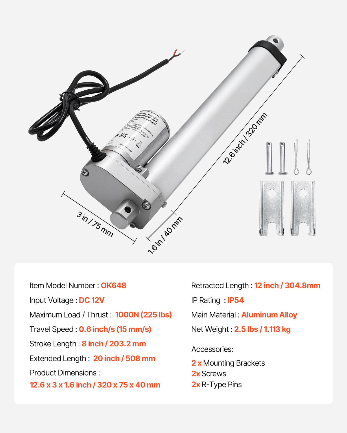 VEVOR 12V Linear Actuator, 8 Inch High Speed 0.6"/s Linear Motion Actuator, 225lbs/1000N with IP54 Protection & Mounting Bracket for Lift Desk, Recliner Chairs, Window Door Opener - CGXXZXQ8INCHM2C9A001V9 - view 8