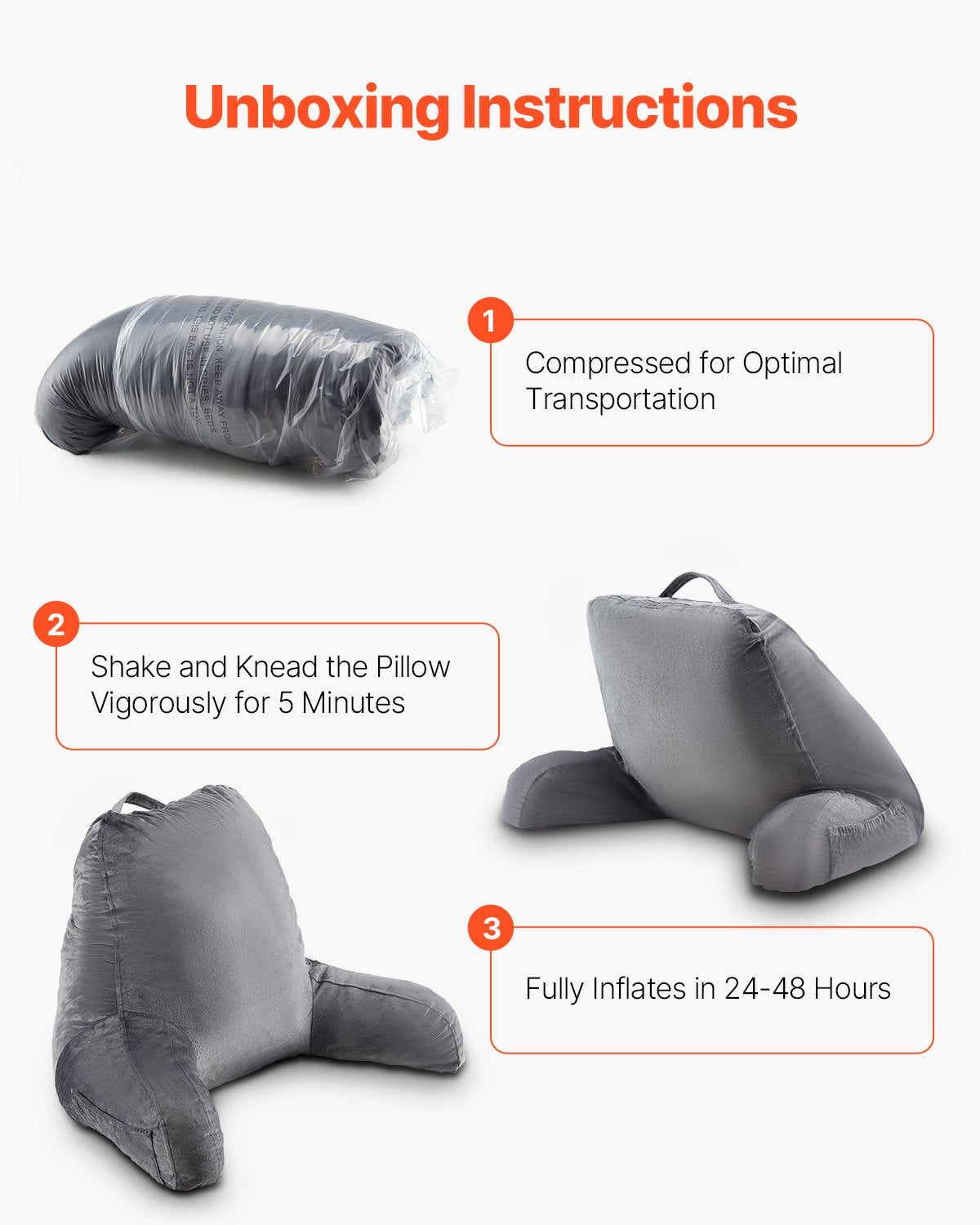 VEVOR Reading Pillow, Large Size Bed Pillow with Shredded Memory Foam, Back Pillow with 3 Pockets and Washable Short Velvet Cloth, Top with Handle, for Watching TV, Reading, Gaming, Resting, Grey - CGYDZLARGECCBPI8C001V0 - view 3