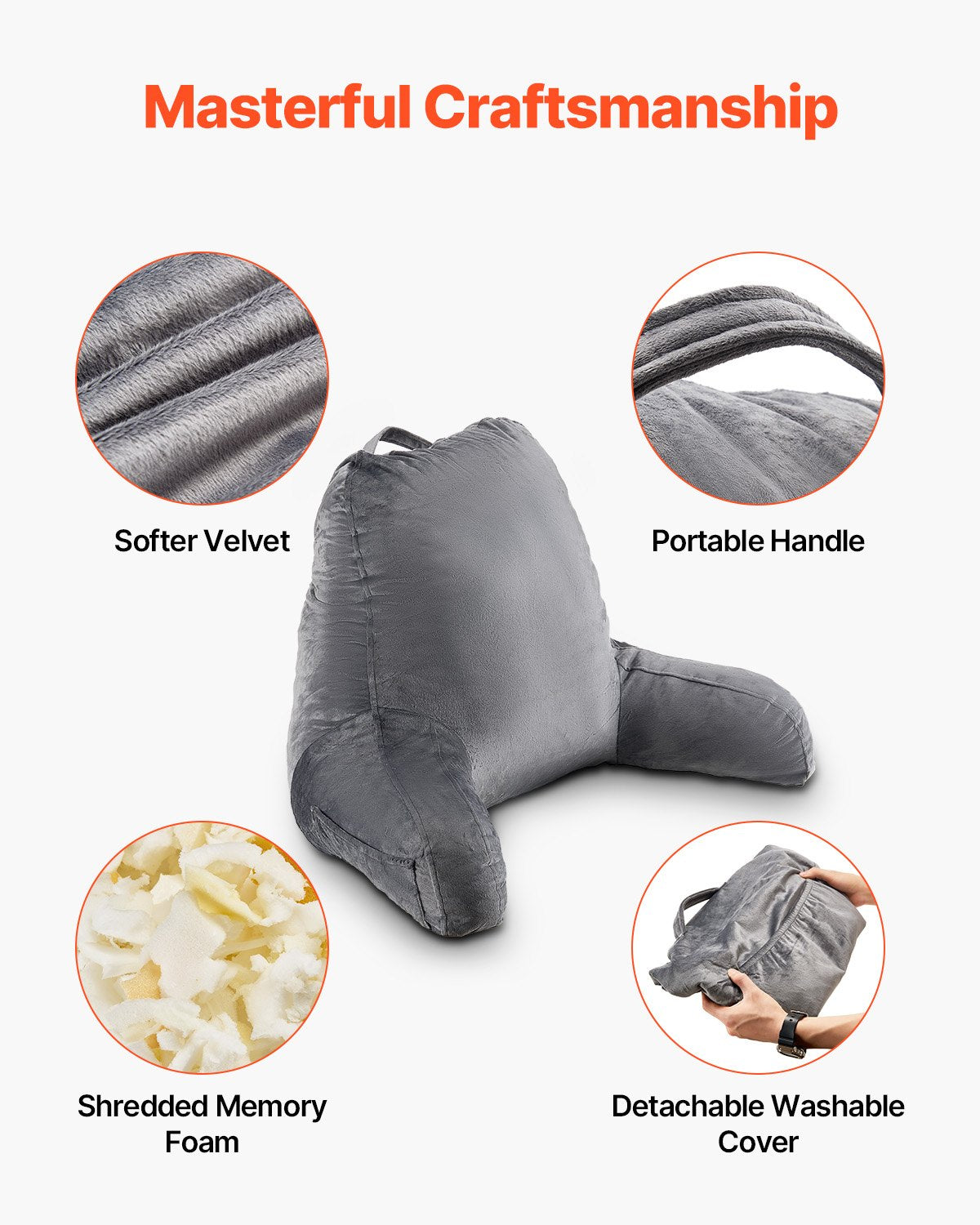 VEVOR Reading Pillow, Large Size Bed Pillow with Shredded Memory Foam, Back Pillow with 3 Pockets and Washable Short Velvet Cloth, Top with Handle, for Watching TV, Reading, Gaming, Resting, Grey - CGYDZLARGECCBPI8C001V0 - view 5