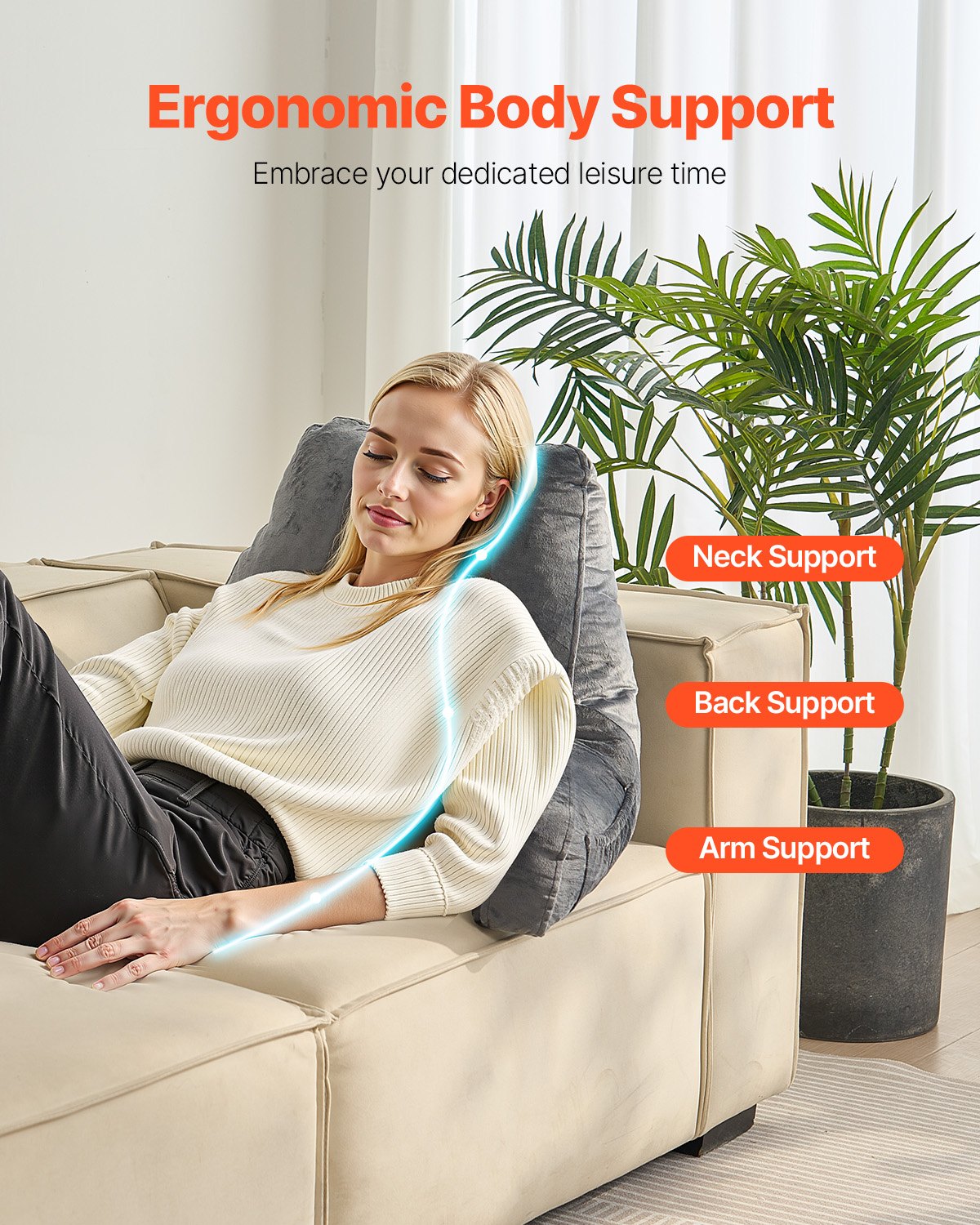 VEVOR Reading Pillow, Large Size Bed Pillow with Shredded Memory Foam, Back Pillow with 3 Pockets and Washable Short Velvet Cloth, Top with Handle, for Watching TV, Reading, Gaming, Resting, Grey - CGYDZLARGECCBPI8C001V0 - view 7