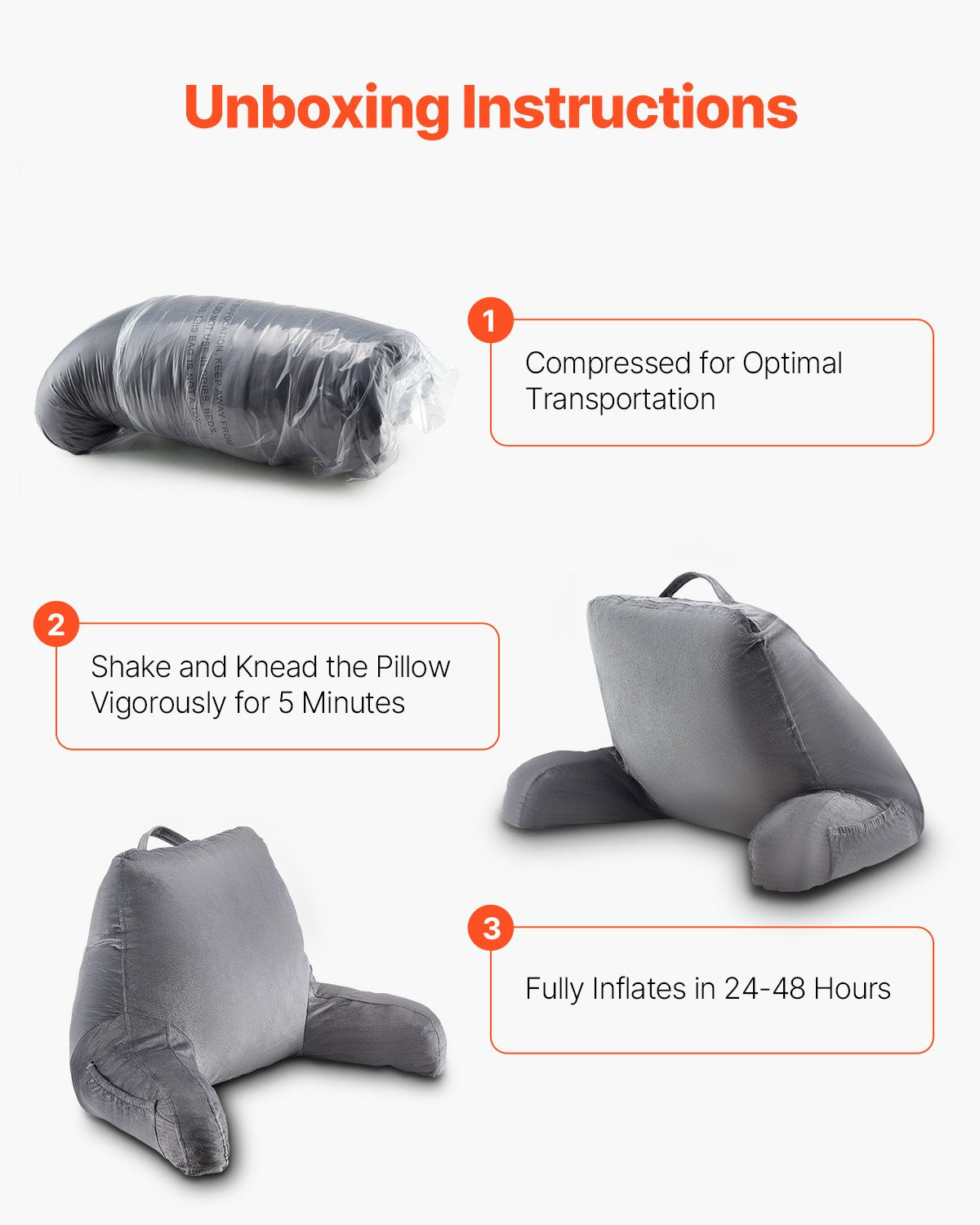 VEVOR Reading Pillow, Standard Size Bed Pillow with Shredded Memory Foam, Back Pillow with 3 Pockets and Washable Short Velvet Cloth, Top with Handle, for Watching TV, Reading, Gaming, Resting, Grey - CGYDZSTANDARWEC2U001V0 - view 3