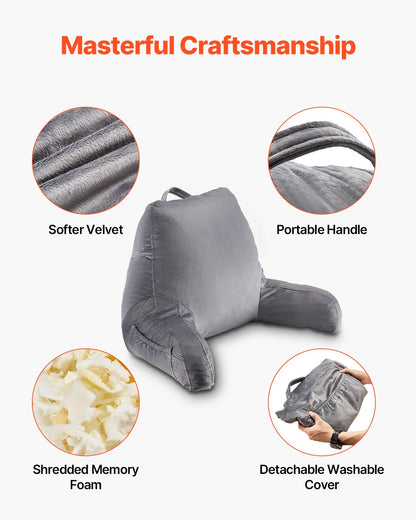 VEVOR Reading Pillow, Standard Size Bed Pillow with Shredded Memory Foam, Back Pillow with 3 Pockets and Washable Short Velvet Cloth, Top with Handle, for Watching TV, Reading, Gaming, Resting, Grey - CGYDZSTANDARWEC2U001V0 - view 5