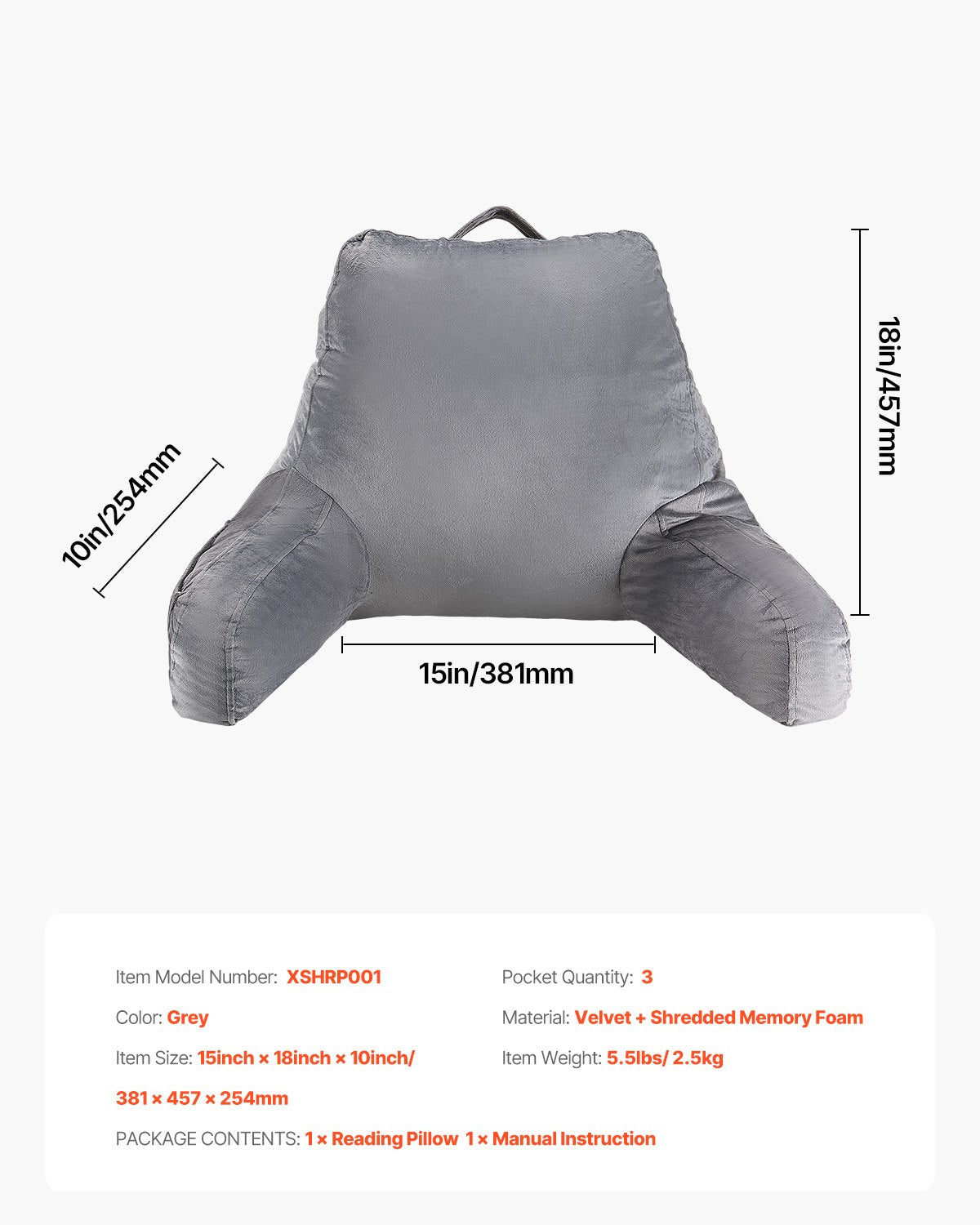 VEVOR Reading Pillow, Standard Size Bed Pillow with Shredded Memory Foam, Back Pillow with 3 Pockets and Washable Short Velvet Cloth, Top with Handle, for Watching TV, Reading, Gaming, Resting, Grey - CGYDZSTANDARWEC2U001V0 - view 8