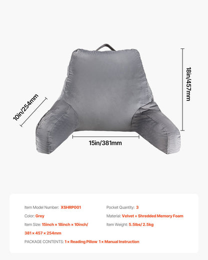 VEVOR Reading Pillow, Standard Size Bed Pillow with Shredded Memory Foam, Back Pillow with 3 Pockets and Washable Short Velvet Cloth, Top with Handle, for Watching TV, Reading, Gaming, Resting, Grey - CGYDZSTANDARWEC2U001V0 - view 8