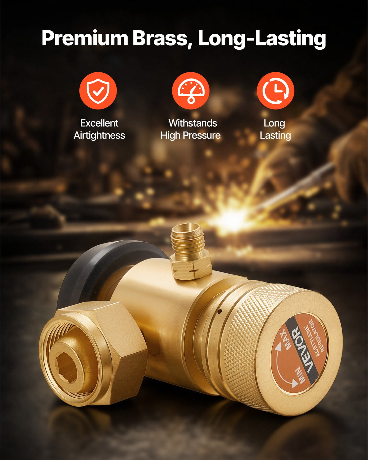 VEVOR CGA520 Acetylene Regulator for B-Type Tanks, AR-B Air Acetylene Regulator Gauge with 3/8"-24 LH Outlet Connection, Heavy-Duty Brass Body for Welding Brazing Applications - CGYGDJQKQYGA0TJWV001V0 - view 6