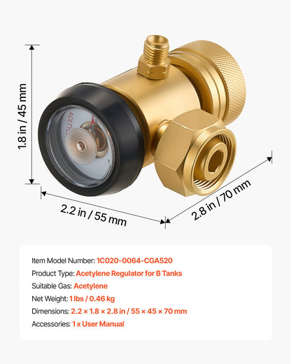 VEVOR CGA520 Acetylene Regulator for B-Type Tanks, AR-B Air Acetylene Regulator Gauge with 3/8"-24 LH Outlet Connection, Heavy-Duty Brass Body for Welding Brazing Applications - CGYGDJQKQYGA0TJWV001V0 - view 8