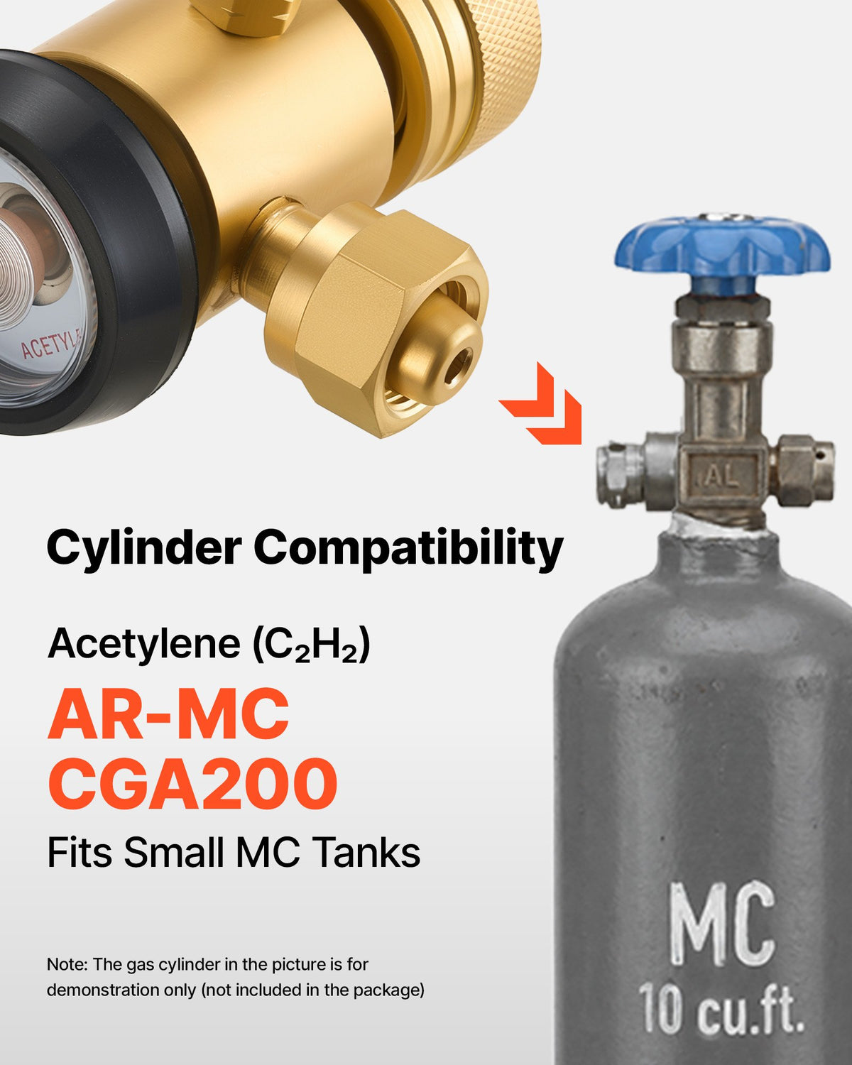 VEVOR CGA200 Acetylene Regulator for Small MC Tanks, AR-MC Air Acetylene Regulator Gauge with 3/8"-24 LH Outlet Connection, Heavy-Duty Brass Body for Welding Brazing Applications - CGYGDJQKQYGAL9U14001V0 - view 3