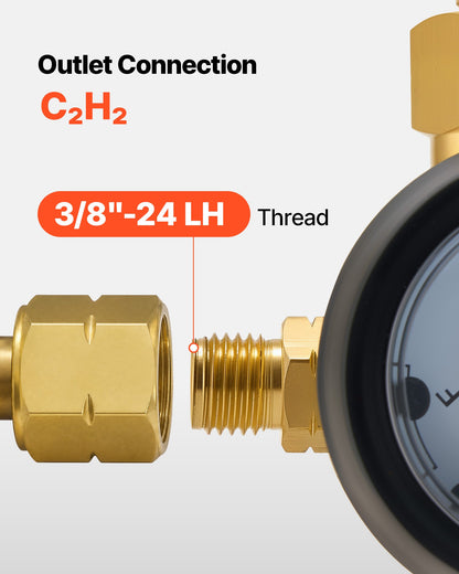 VEVOR CGA200 Acetylene Regulator for Small MC Tanks, AR-MC Air Acetylene Regulator Gauge with 3/8"-24 LH Outlet Connection, Heavy-Duty Brass Body for Welding Brazing Applications - CGYGDJQKQYGAL9U14001V0 - view 4
