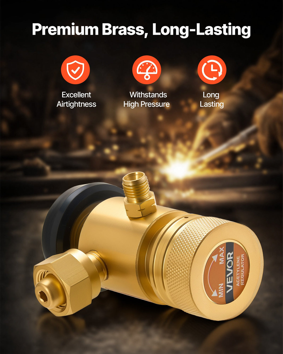 VEVOR CGA200 Acetylene Regulator for Small MC Tanks, AR-MC Air Acetylene Regulator Gauge with 3/8"-24 LH Outlet Connection, Heavy-Duty Brass Body for Welding Brazing Applications - CGYGDJQKQYGAL9U14001V0 - view 6