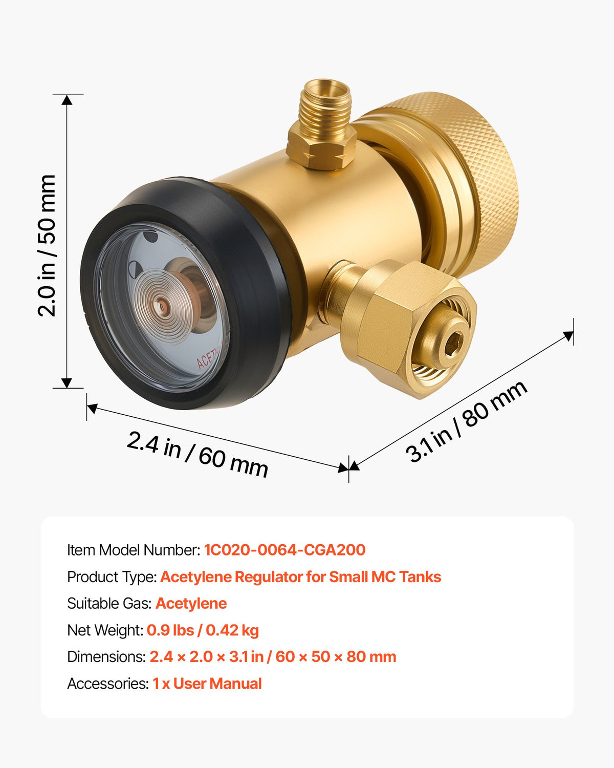 VEVOR CGA200 Acetylene Regulator for Small MC Tanks, AR-MC Air Acetylene Regulator Gauge with 3/8"-24 LH Outlet Connection, Heavy-Duty Brass Body for Welding Brazing Applications - CGYGDJQKQYGAL9U14001V0 - view 8
