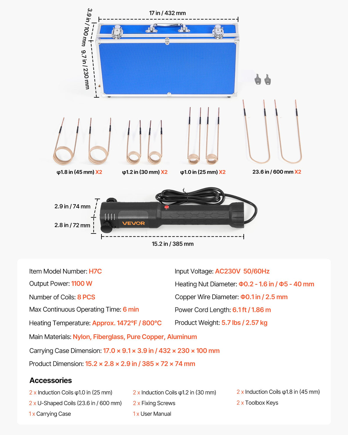 VEVOR Induction Heater Bolt Removal, 1100W 110V Magnetic Induction Heater Kit, Handheld Nut Buster Tool for Rusty Screw Removing, Car Garage Repairing Tools with 8 Coil and Box - CGYJRQZJTJ10AGKME001V1 - view 8