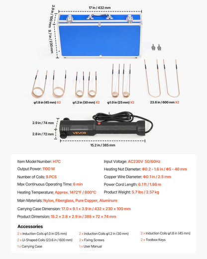 VEVOR Induction Heater Bolt Removal, 1100W 110V Magnetic Induction Heater Kit, Handheld Nut Buster Tool for Rusty Screw Removing, Car Garage Repairing Tools with 8 Coil and Box - CGYJRQZJTJ10AGKME001V1 - view 8