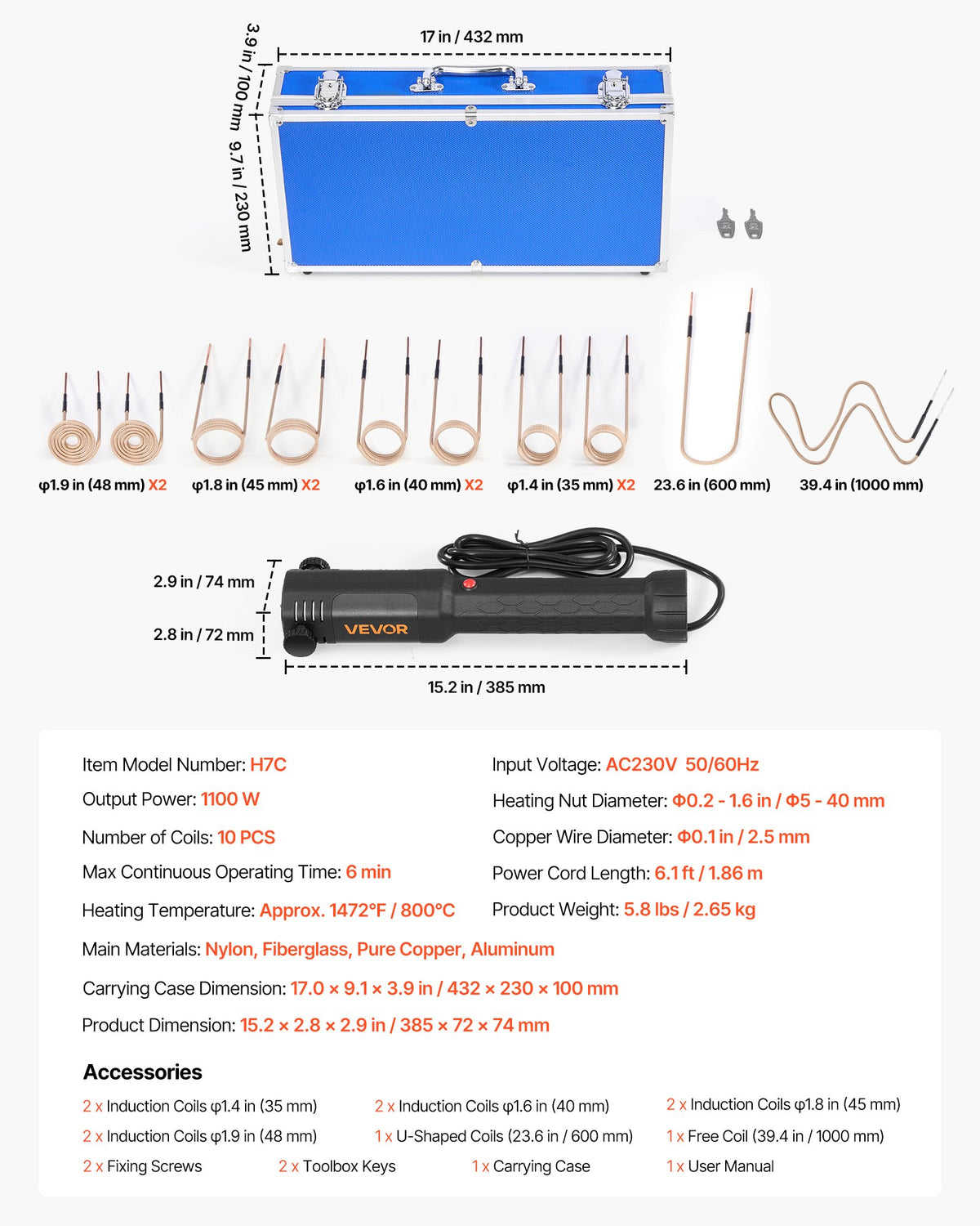VEVOR Induction Heater Bolt Removal, 1100W 110V Magnetic Induction Heater Kit, Handheld Nut Buster Tool for Rusty Screw Removing, Car Garage Repairing Tools with 10 Coil and Box - CGYJRQZJTJ10CLRWN001V1 - view 8