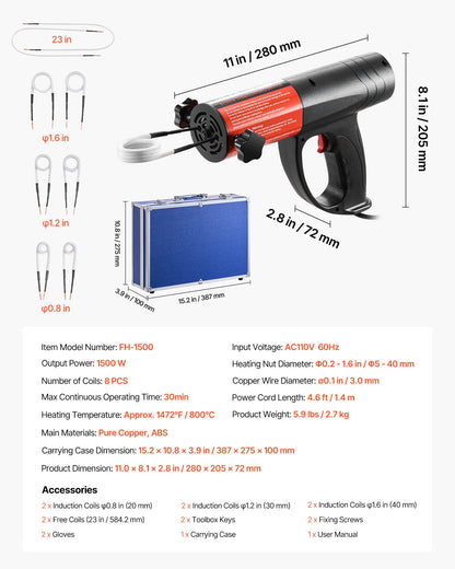 VEVOR Induction Heater Bolt Removal, 1500W 110V Magnetic Induction Heater Kit, Handheld Nut Buster Tool for Rusty Screw Removing, Car Garage Repairing Tools with 8 Coil and Box - CGYJRQZJTJSCFR1TX001V1 - view 8