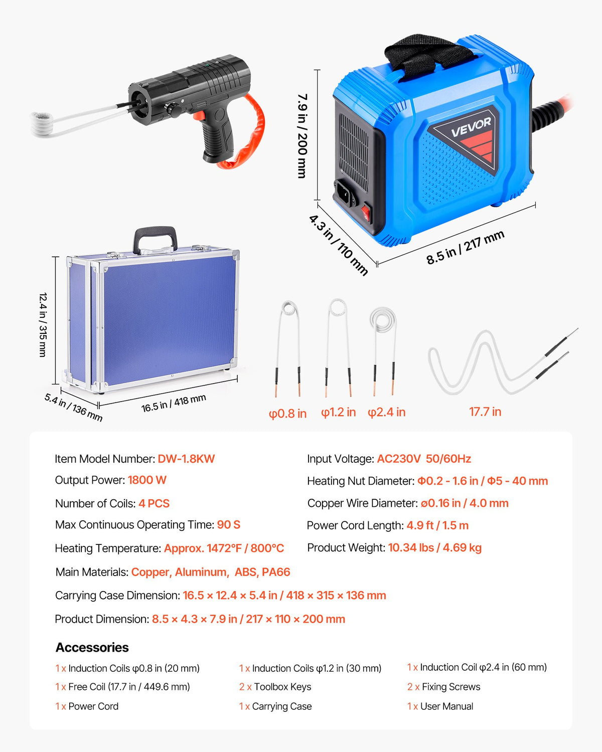 VEVOR Induction Heater Bolt Removal, 1800W 110V Magnetic Induction Heater Kit, Handheld Nut Buster Tool for Rusty Screw Removing, Car Garage Repairing Tools with 4 Coils and Box - CGYJRQZJTJSCHCAQC001V1 - view 8