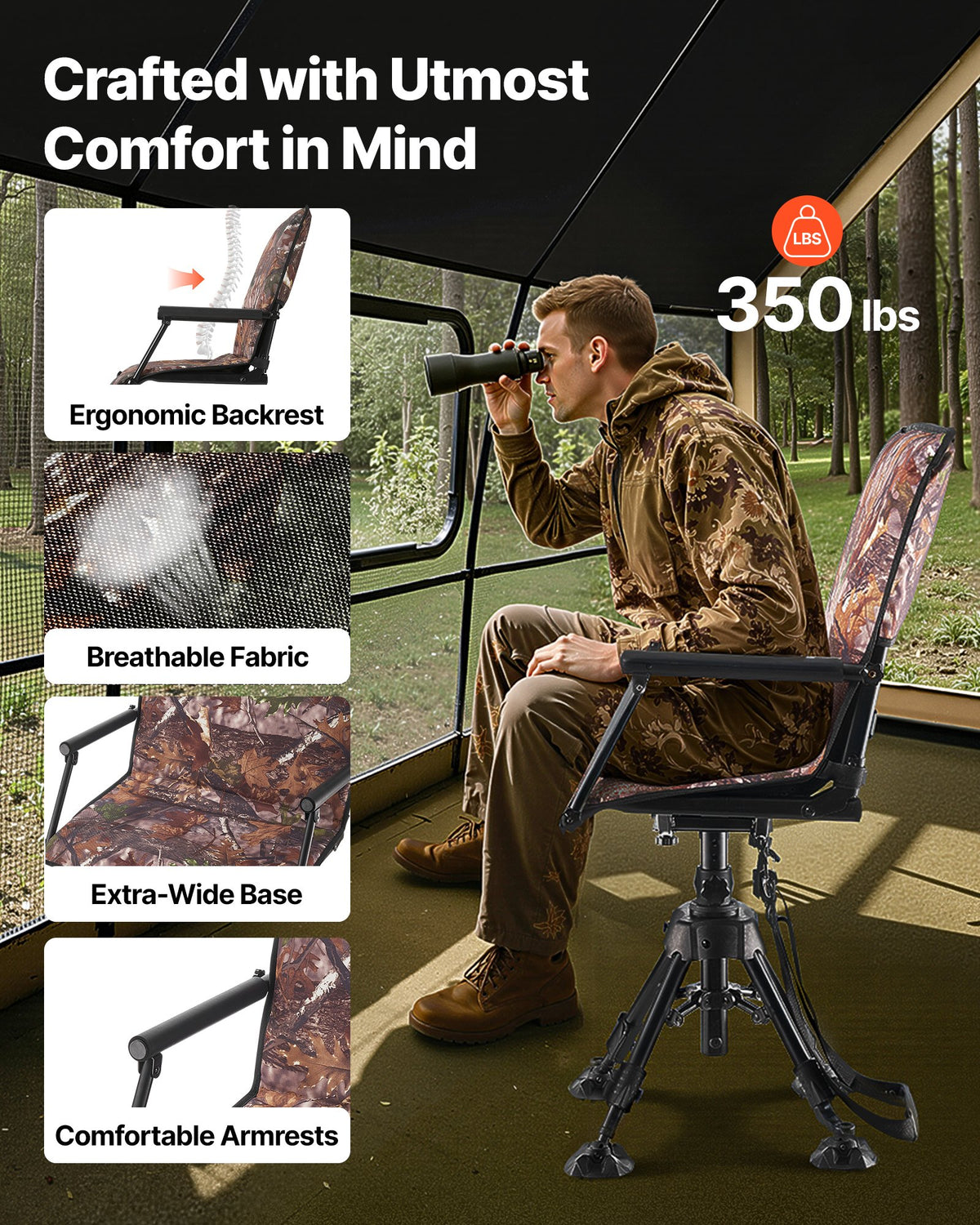 VEVOR Hunting Chair, 360° Silent Swivel, Foldable Portable Blind Chair, Heavy-Duty Steel Frame Ground Stool Seat, with Armrests, Cover, Anti-Sink Feet, Height Adjustable, 350 Lbs Capacity for Camping - CGZDKDFSKCYTSR6TK001V0 - view 3
