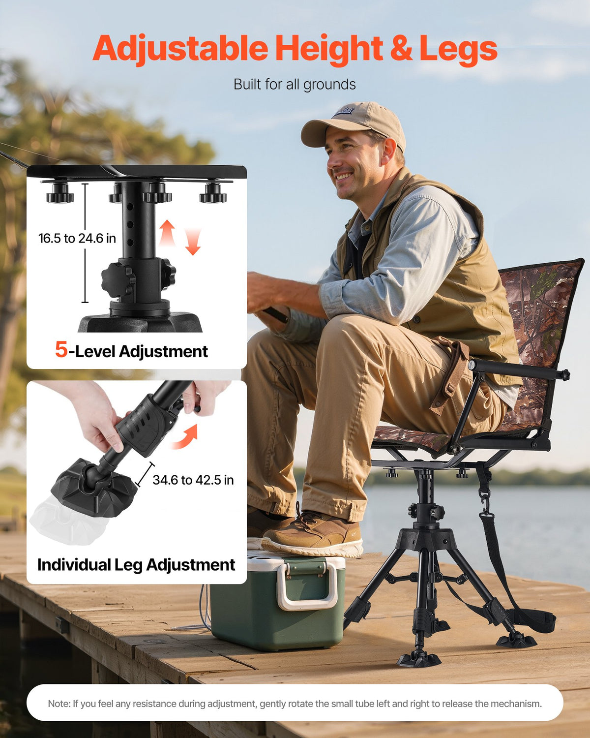 VEVOR Hunting Chair, 360° Silent Swivel, Foldable Portable Blind Chair, Heavy-Duty Steel Frame Ground Stool Seat, with Armrests, Cover, Anti-Sink Feet, Height Adjustable, 350 Lbs Capacity for Camping - CGZDKDFSKCYTSR6TK001V0 - view 5