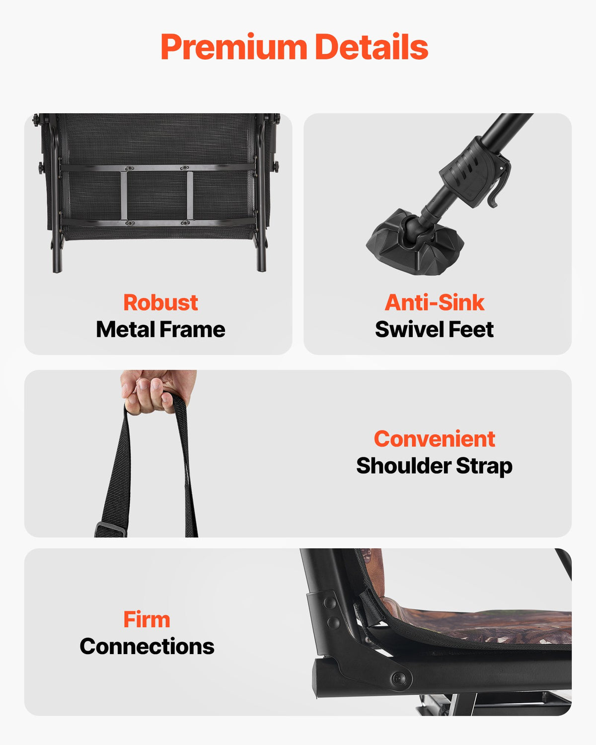 VEVOR Hunting Chair, 360° Silent Swivel, Foldable Portable Blind Chair, Heavy-Duty Steel Frame Ground Stool Seat, with Armrests, Cover, Anti-Sink Feet, Height Adjustable, 350 Lbs Capacity for Camping - CGZDKDFSKCYTSR6TK001V0 - view 6